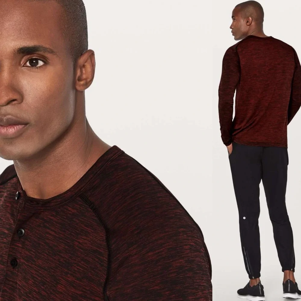 Lululemon Vent Tech Long Sleeve Henley Shirt Mens Size Large Oxblood Red Black L - Picture 2 of 13